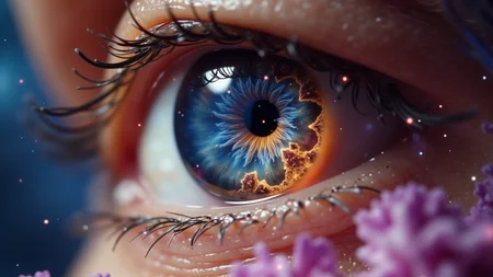A striking close-up shot showcases the woman's eye, where her iris has evolved into an enchanting three-dimensional fractal realm filled with swirling cosmic clouds in radiant hues of electric blue, fiery orange, and shimmering violet. These fractal clouds twist and spiral, creating a mesmerizing depth that appears to pulse with life, inviting the viewer into a vibrant universe within her gaze. The intricate details of the iris, with its layered rings and delicate striations, enhance the illusion of three dimensions, while tiny, star-like points of light twinkle within the fractal, resembling distant celestial bodies. The sclera gleams with a pearlescent sheen, subtly highlighted by the colors of the iris, while fine veins add texture and depth. In the blurred background, soft pastel colors swirl and blend, accentuating the ethereal quality of the fractal clouds, while a lively mandelbrot pattern dances around the edges, enriching the overall scene with a touch of retro-futurist cosmic surrealism.
<lora:C183kw8rx_v3_c5f1f0ef:1.4> <lora:retro-futurist-cosmic-surrealism-flux:1.1>