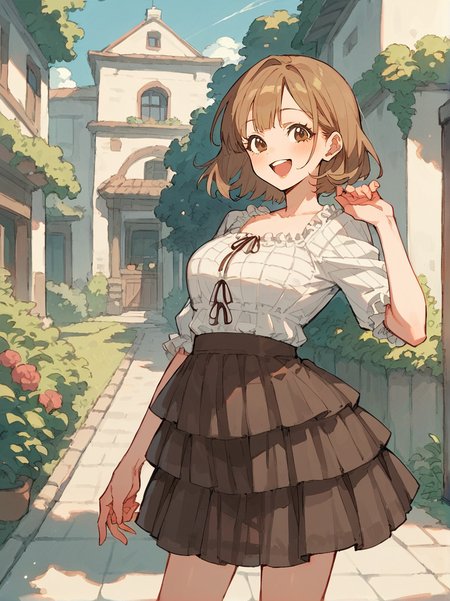 score_8_up, score_7_up, score_6_up, source_anime, 1girl, solo, 
happy, 
frilled shirt, white shirt, layered skirt, brown skirt, ribbon, plaid  <lora:Two_Piece_01:1>