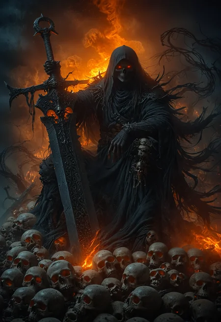 A sinister figure shrouded in tattered black robes with glowing orange eyes sits atop an enormous dark grey sword plunged into a pile of human skulls, The sword's blade emanates a soft orange light from runes etched down its center, mist of shadow curl around the figure, black smoke, skeletal hands adorned with ancient armor clasp the sword's hilt, sense of death and power under a murky grey sky, <lora:add-detail-xl:1>, <lora:- SDXL - vanta-black_contrast_V3.0:0.5>, <lora:MJ52:0.4>, <lora:EpicF4nta5yXL:0.7>, <lora:CinematicStyle_v1:0.8>, <lora:ral-ertmsphr:0.7>