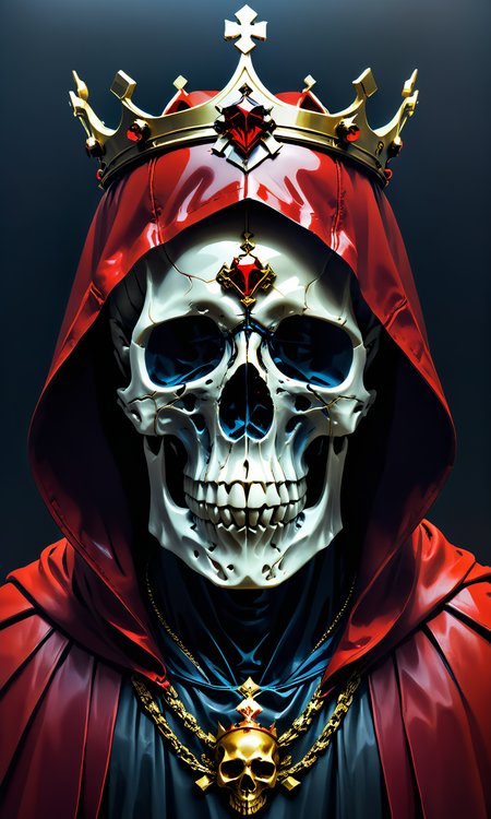 <lora:Skull:0.69> epoxy_skull, A dark red hooded figure with a crown on his head. In style of Yoji Shinkawa and Hyung-tae Kim, trending on ArtStation, dark fantasy, great composition, concept art, highly detailed. Edward Hopper. 8k. Octane render. Digital painting. Roltec futuristic setting. Highly detailed