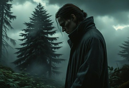 Darkest Hours.
Thick clouds.
Sadness.
Gothic figures.
Myst.
Dark.
Black.
Forests.
Life-like entire figure portrait.
Cinematic. Dramatic. Dynamic. 
Pristine Aesthetic.
Hyper-Realism.
Enigmatic.
Emotionally Moving.
Moody.
Extremely refined lines and and shapes.
Extremely refined details on objects.
Sharp details.
Complementary colors.
Many details everywhere. Ray-Tracing. Anti-Aliasing. Realistic soft shadows. Low saturation colors. Insane quality. Insane resolution. Insane details. Masterpiece. 32k resolution.