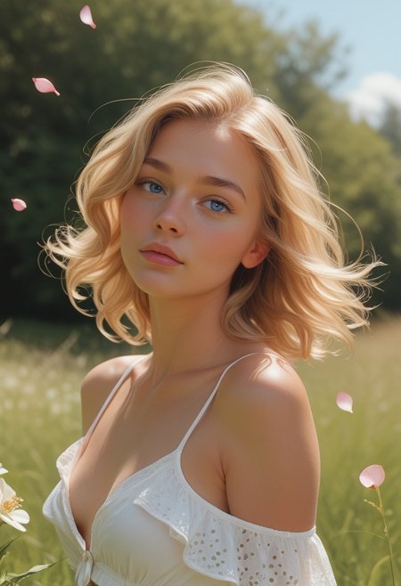 score_9, score_8_up, score_7_up, outdoors, solo, a beautiful woman posing seductively with light skin and short wavy blonde hair, hair blowing in the wind, blue eyes, small breasts. Wearing sexually suggestive clothing.  Clothes blowing in the wind. in the grass surrounded by flower petals, in bright natural daylight, the blurred background, casual and confident pose, photorealistic, bokeh effect, summer lighting, warm tones