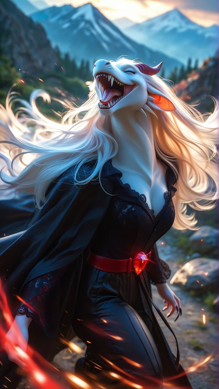 score_9, score_8_up, score_7_up, score_6_up, score_5_up, source_furry
closed eyes
1girl, solo, furry vampire, pale skin, flowing cloak, sharp fangs, long hair
long-sleeved velvet blouse, glowing red gem at collar, lace details
black satin pants, subtle lace detailing, glowing red belt
character focus, dynamic angle, dynamic pose
at the summit of dragon mountain