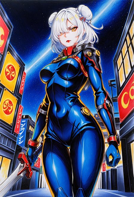 1girl, bun_head, white hair, hair over one eye, yellow eyes, medium breasts, china hairpins, red lips,
front view,
standing, space bodysuit, armor, holding sword,
sci fi, street, night, angry,
side view, looking at viewer, low angle,
colorpencilstyle, color pencil art, <lora:Hanran_Non_artist_style:1>,