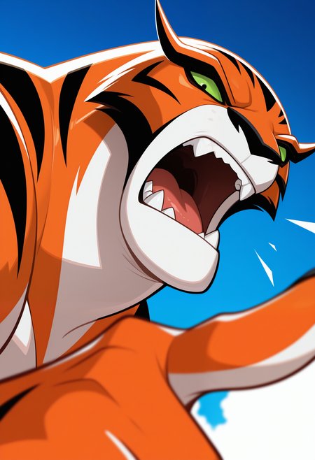 masterpiece,best quality,amazing quality, 1boy, solo, rath10, tiger boy, green sclera close up, side angle, yelling, pointing at viewer,