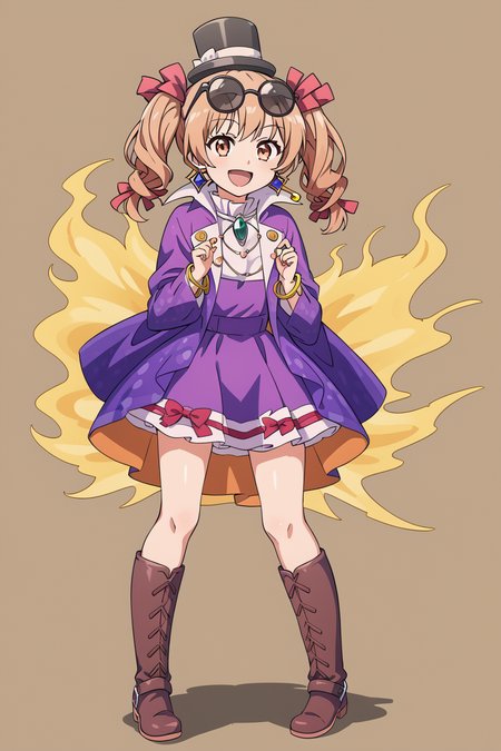 <lora:yorigami_joon:1>,1girl,yorigami jo'on,top hat, eyewear on head, boots,purple dress,standing,yorigami joon, boots,full body,open mouth, smile,
