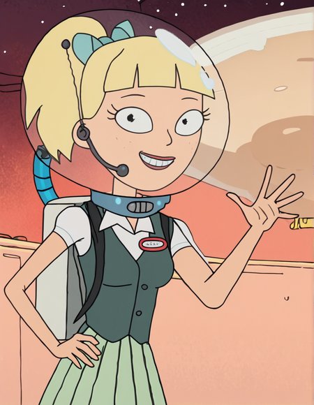 annie, 1girl, blonde hair, solo, name tag, green skirt, freckles, hair bow, ponytail,space helmet, backpack, vest,smile, white shirt <lora:AnniePony1.1:0.9> ,outdoors,  looking at viewer, hand on own hip, score_9, score_8_up, score_7_up, score_6_up, score_5_up, score_4_up