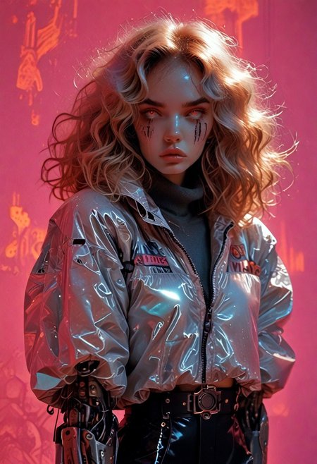 score_7_up, (score_9:1.1), (ugly:0.9),(pretty:1.4),1woman, adult, realistic, realism, hyper realistic, sparkling hair, floaty hair, wavy hair, (soft light coloured hair:1.3), (red iris, glowing iris, neon white pupils:1.3), looking at viewer, big hair, huge afro, zero gravity hair, detailed, perfect, perfection, hands, big scar across face,
BREAK,
((extra_puffy_jacket, black skirt, glossy lips, shiny skin)), full lips, hands behind back, (upper body:1.9),  blocky shape cybernetics, cybernetics, cybernetic skin, raised eyebrow, pale skin, ((snub nose:1.4)), breasts, (prominent abs:1.1), focus upper body,  sweating, 
BREAK,
(neon background, future slums, neon, cybernetic background, mist:1.3),(cybernetic mechanical arm, prosthesis:1.3),