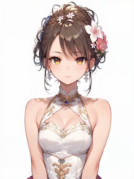 score_9, score_8_up, score_7_up,source_anime, high res image,masterpiece,best quality,girl,cute face,clear skin,shiny hair,ultra detailed eyes,simple background, <lora:morigami_pony_V1.0:1.2> morigami,hair flower