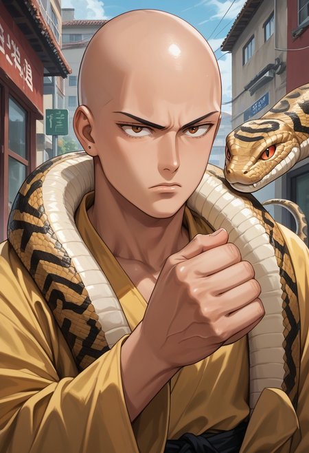 score_9,score_8_up,score_7_up,score_6_up,score_5_up,source_anime,1man, saitama, bald, brown eyes 30yo, standing, one hand ready to strike , clenched fist, bored, snake, snake on shoulders,