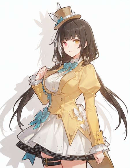 Volumetric Lighting, (masterpiece), (best quality), (ultra-detailed), masterpiece, source_anime, score_9, score_8_up, score_7_up BREAK, illustration, disheveled hair, detailed eyes, perfect composition, moist skin, intricate details, detailed eyes, detailed face, BREAK, ro635, heterochromia, red eye, yellow eye, black hair, low twintails, streaked hair, white hair, large breast BREAK, DefenderInTheRye, DIR_hair_ribbon, DIR_skirt, DIR_dress_bow, DIR_shirt, DIR_bowtie, DIR_thigh_straps, DIR_jacket, DIR_mini_hat BREAK, ((white background)), looking at viewer, standing, shadow, smile
