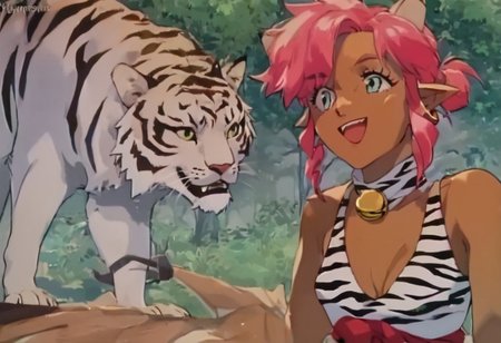 score_9, score_8_up, score_7_up, score_6_up, Masterpiece, source_anime screenshot, duo, 1 girl, 1 boy, vivid colors, retro anime style, high-res, beautiful aesthetic, very intricate, high-quality details, vibrant, highly detailed, award-winning, professional, <lora:pink-ponyxl-v2:1>, open mouth smile, single fang showing, white tiger tail, sleeveless dress, white tiger print dress, pelvic curtain, cleavage, cat ears, cat bell necklace, bright pink hair, tanned, white tiger tail, red sash, small breasts, leather shoes, curved tail, detailed eyes, green eyes, detailed face, cat bell necklace,  BREAK score_9, score_8_up, score_7_up, score_6_up, Masterpiece, source_anime, 1 girl, 1 boy, vivid colors, anime style, high-res, beautiful aesthetic, very intricate, high-quality details, vibrant, highly detailed, award-winning, professional, <lora:link:0.8> link1, link, soft smile, pointy ears, blonde hair, blue eyes, medium hair, side locks, earrings, short ponytail, blue hylian tunic
Break
Under a thick forest canopy, blue Slimes Attacking pink and link