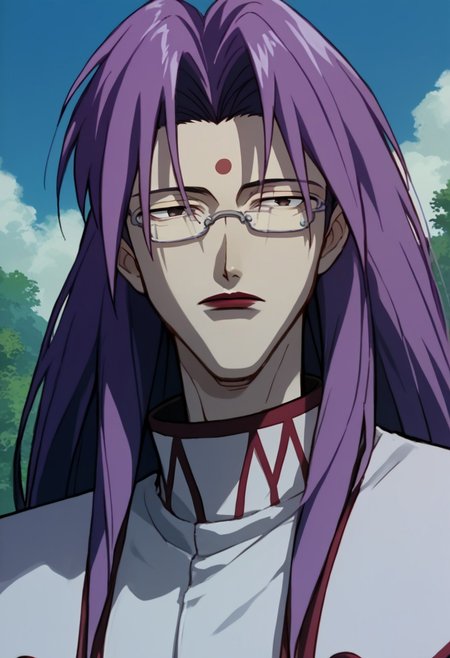 Rusty Nail MV, solo, long hair, 1boy, upper body, purple hair, male focus, solo focus, glasses, facial mark,  lipstick, forehead mark , outdoors,  1990s (style), source_anime, 2d, flat color, anime coloring BREAK ,score_9, score_8_up, score_7_up, score_6_up, score_5_up, score_4_up,
