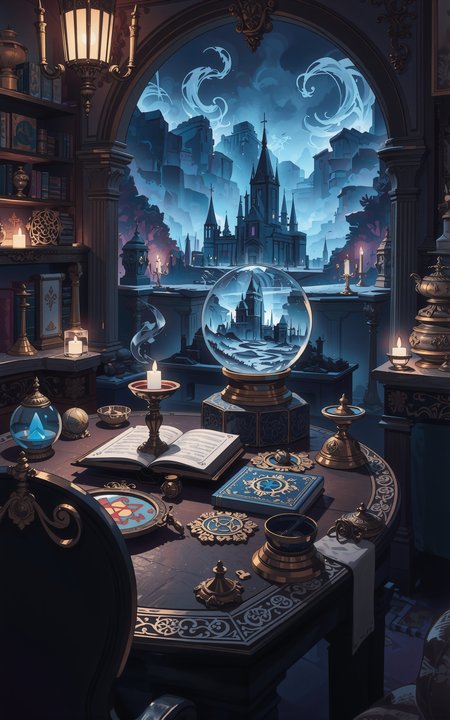 A magical table filled with mystical artifacts,at the center sits a glowing crystal ball. Inside the crystal ball,a dark,ominous ancient castle is vividly displayed,surrounded by swirling mist and faint glimmers of magical energy. The scene is rich in fantasy style,with intricate details,enchanted symbols carved on the table,and a dim,mysterious ambient light that enhances the magical atmosphere.,<lora:fca_style_3_4:1>,Flat colour anime style image showing,