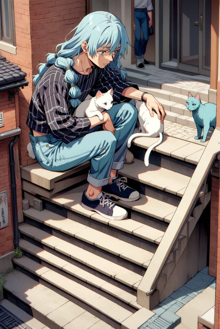 1boy, male focus, mahito \(jujutsu kaisen\), jujutsu kaisen , (90s anime style:1.5), front view, outdoors, street view, (looking down:1.3), perfecteyes, isometric, sitting on stairs, shirt, denim shorts, 1 white cat sitting next to them, petting the cat <lora:detailed_notrigger:1> <lora:ParchartXL_CODA:0.2> <lora:Isometric Cutaway:1> <lora:PerfectEyesXL:1> <lora:ral-drptpl:0.1> <lora:FILM_PHOTOGRAPHY_STYLE:0.6> <lora:Surreal Harmony:0.2>