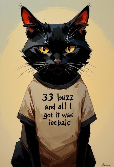 Oil painting by Frank Frazetta. An antrophomorphic black cat wearing a tshirt that says "33 buzz and all I got was this shirt"
