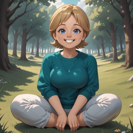 score_9, score_8, BREAK, solo, mii, wii, wii sports resort, 1girl, female mii, cute, blonde hair, black blue eyes, rare eyes, tree shaped nose, buck tooth, double chin, chubby, chubby female, dark green clothing, white pants, barefoot, Megan_(\Wii_Sports_Resort\), Nintendo Mii, modern_mii, classic_mii, big breasts, sexy pose, self portrait, smile, outdoors, sunlight, shadows, evening lighting, natural lighting, forest, trees, grass, orange sky, sunset, sitting, feet, soles