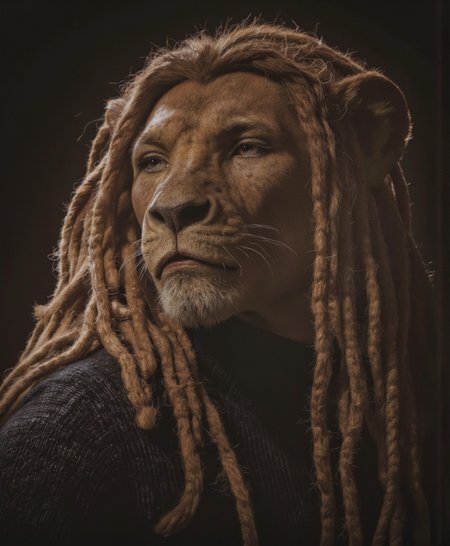 ZooPolis art.
This is a high-quality, professional photograph featuring an anthropomorphic lion in African style with a deep, dark complexion. He has long, voluminous dreadlocks that cascade down his shoulders, styled with a natural, rugged texture. His facial features are sharp and angular, accentuated by intense, expressive eyes that gaze thoughtfully into the distance. He wears a black, textured sweater that contrasts with his skin tone, adding a sense of depth and dimension to the image. The lighting is dramatic, casting soft shadows that highlight the contours of his face and the intricate details of his hair and clothing. The background is dark and blurred, creating a shallow depth of field that keeps the focus on the subject. The composition follows the rule of thirds, with the lion's face positioned off-center, drawing the viewer's eye naturally across the frame. The image is likely taken with a DSLR camera, possibly a Canon EOS 5D Mark IV, with settings around f/2.8 aperture, 1/125 sec shutter speed, and ISO 400. The overall aesthetic quality of the image is very high, with a powerful and emotive subject, and expert use of lighting and composition.