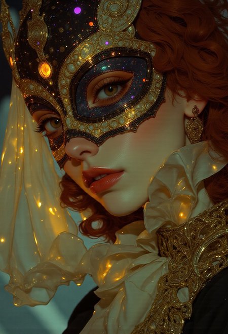 (Highly detailed, hyper-realistic, cinematic, dramatic style) photograph Eye-catching, hyper-realistic, high-quality, detailed image, beautiful woman, jester mask made of vibrant multicolored glowing neon dots (deep red, electric blue, bright yellow, vivid green, rich purple, radiant orange) that shimmer and pulse with light, complete face, flawless porcelain skin with a soft luminescent glow, striking red hair flowing elegantly, mesmerizing brown eyes with intricate swirling patterns that reflect a kaleidoscope of colors, golden patterned borders framing the mask, meticulously stitched mouth using delicate golden twine that glistens softly, wearing a flowing white robe that cascades around her, Canon EOS R5, close-up shot, surreal style, inspired by Salvador Dali and Annie Leibovitz, soft diffused lighting enhancing her ethereal beauty, bright white theme with high contrast, moderate saturation, cool hue that complements her features, subtle shadows adding depth to her face, defined highlights accentuating the contours of her skin, sparkling golden elements throughout, featuring a locket earring that gleams with a touch of mystery, cyberpunk anime ne0nfant4sy. Face lit by suns golden light at sunset