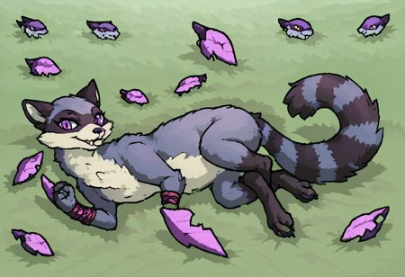 maypul, dark purple fur color, raccoon, female, solo, 1girl, evil, pink/purple demon eyes, abyss, shadow figure, evil, feral, looking at viewer, laying down, calm, fangs, cute, werewolf form, pet