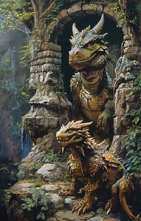 masterpiece,best quality,<lora:tbh182-sdxl:0.9>,style of Clyde Caldwell,Dungeon and Dragon,Brave,Sword,Shield,Dragon,adnd,