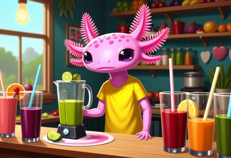 broken age of, axolotl smoothie maker, at a smoothie bar, blending fruits and vegetables, wearing a bright t-shirt, fresh fruits and colorful smoothies, the axolotl has pink frilly gills and pink skin