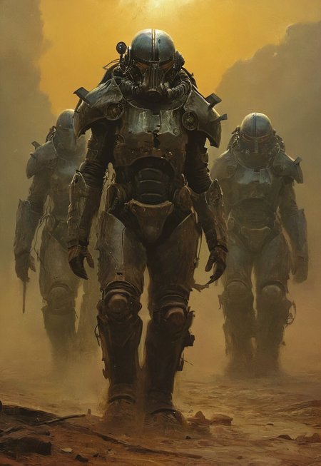 Four soldiers in power armor travelers in the post-apocalyptic desert,fallout universe,alienscape,glossy armor,intricate design,massive armor,corrupted neverland,dramatic sky, dust,wind, bleak,glow,flickering, dark art, dim light,strong single light beams reflects on their armor, somber, dramatic, high quality, detailed,science fiction,distopia,horror theme,futuristic, technology,atompunk,dying world of our hopes,dramatic,thrilling,decay,best quality,masterpiece,dynamic composition,color contrast,primary colors,no gradients,close-up