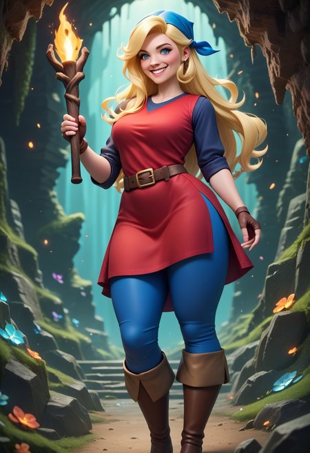 masterpiece, best quality, very aesthetic, absurdres,
score_9, score_8_up, score_7_up,score_6_up, score_5_up, score_4_up , 1girl, cadence, blue eyes, blonde hair, long hair, 
thick thighs, blue bandana, red tunic, fingerless gloves, brown boots, belt, blue pants,
standing,
smile, holding torch, cave background  <lora:CadenceIllustriousXL_byKonan:1>