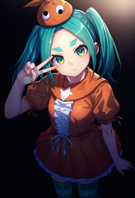(zPDXL3), 
(zPDXLxxx), 
1girl, 
solo,
ononoki yotsugi, highres, twintails, aqua hair, green eyes, thick eyebrows, orange headwear, orange dress, striped thighhighs, expressionless, 
medium shot, 
from above,
looking at viewer,
hand over eye,
eye between fingers,
v,