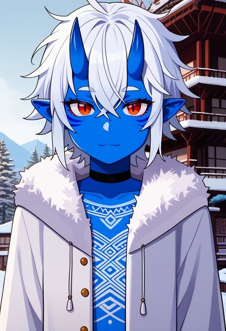 (flat colour), 1girl, 25 years old, perfect face, cute, petite, red eyes, white hair, short hair, messy hair, crossed bangs, hair between eye, pointy ears, black choker, (blue skin:1.2), (oni:1.2), blue oni, facial tattoo, Winter Fur Coat, tattoos, Tribal architecture, animal skin tents, south pole, cowboy shot,