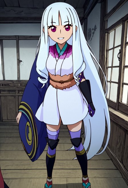score_9, score_8_up, score_7_up, source_anime,anime screencap,anime coloring, official style, uncensored, inside
 <lora:Togame:1>Togame, white hair, purple  eyes, blunt bangs, White kimono, Japanese clothes, thighhighs, gloves, obi, smiling at the viewer, sandals, long hair,