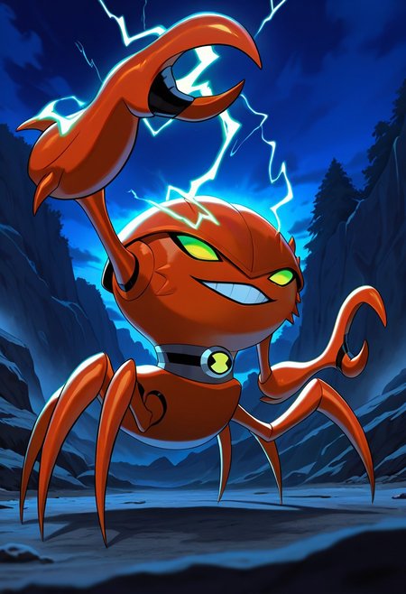 masterpiece, best quality, amazing quality, very aesthetic, absurdres, newest,
brainstorm, solo, teeth, no humans, pokemon (creature), green eyes, clenched teeth,  crab, crab claws, , , collar, smile, full body, spider legs, lobster claws, 
shooting electricity from claws, pointing arm, dynamic pose, outdoors, night time, glowing electricity,