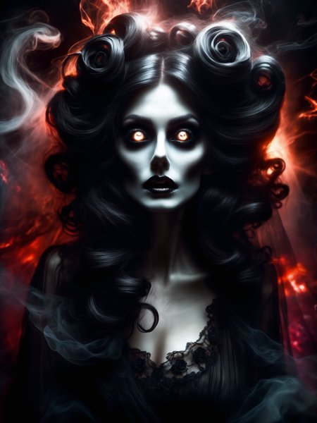 <lora:SDXLGhostStyle:1>, GhostlyStyle, portrait of an extremely beautiful woman, beautiful eyes, curled black hair, undead queen, high quality, <lora:xl_diaphanous_dress-1.0:0.8>