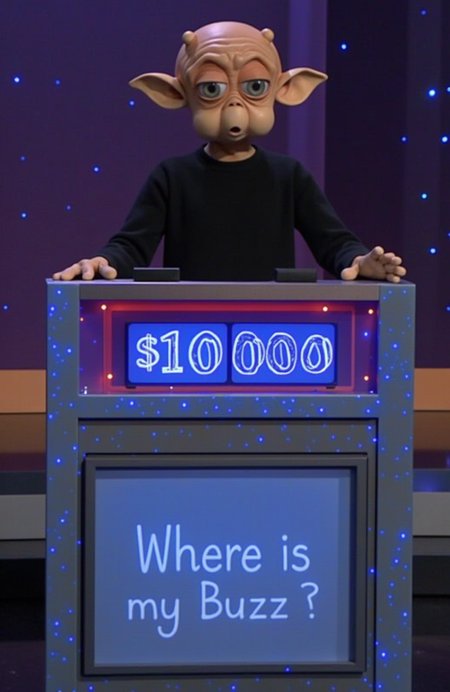 scene from the game show Jeopardy!, contestant mac the alien standing behind a Jeopardy! podium, The podium displays his score of $10,000 and the answer "Where is my Buzz?" written by hand on the blue screen, background shows the set of the game show jeopardy! , he is wearing a black pullover
