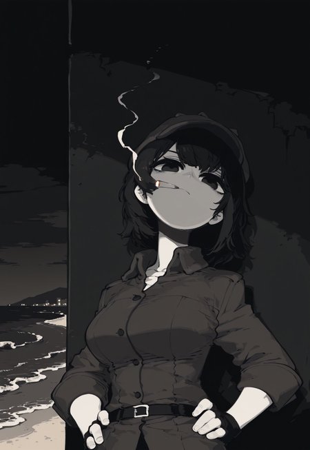 masterpiece, best quality, amazing quality, very aesthetic, absurdres, newest, ssambstyle, k4_illu, 
BREAK,
1girl, solo, black and white, monochrome, gradient black hair, short hair, side cut, detective hat, trench-coat, looking at viewer, head back, cigarette, smoke trail, noir scene, noir theme, fingerless gloves, upper body, leaning against wall, beach, medium breasts, hands hips, face focus,
BREAK, mysterious atmosphere, night, dramatic lighting, outdoors, city, detailed background, deep contrast, limited color palette, high contrast black, dramatic composition, 