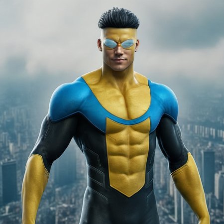 a muscular man, wears a yellow and blue costume, full body, flying over a city, detailed face,  highly detailed, photography, ultra sharp, film, bokeh, professional, 4k    <lora:Invincible_V2_-_SDXL:0.8>