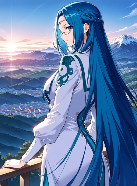 <lora:Ruo_Ling__Battle_Through_the_Heavens__Illustrious:1>
1 girl, solo, blue eyes, very long hair, blue hair, french braid, half updo, 
dress, long skirt, long sleeves, bottons, circlet, jewelry, glasses, semi-rimless eyewear,  
score_9, score_8_up, score_7_up, source anime, BREAK, cowboy shot, (from side), looking back, looking at viewer, overlooking mountain, high altitude, scenery, exterior, background, (solo), perfect hands