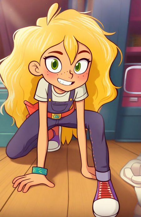 IllusP0s,goldieblox, 1girl, long hair, blonde hair, freckles, green eyes, overalls, looking at viewer, blush, shoes, smile, teeth, belt <lora:goldieblox_IL-000008:1>