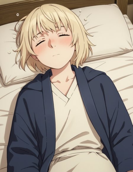 score_9, score_8_up, score_7_up, source_anime,
falintouden, <lora:falin-touden-s1-ponyxl-lora-nochekaiser:1>,
falin touden, short hair, blonde hair, closed eyes,
robe, long sleeves, open clothes,
indoors, bed, bed room, on side, blush, drunk,
looking at viewer, solo, cowboy shot, dutch angle,