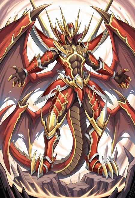 masterpiece,best quality,amazing quality, 1boy, solo, dr4g0n1c, dragon, multicolored skin, colored sclera, no pupils, high collar, shoulder armor, chest armor, gauntlets, crotch plate, faulds, dragon wings, horned helmet, dragon tail, leg armor, full body,