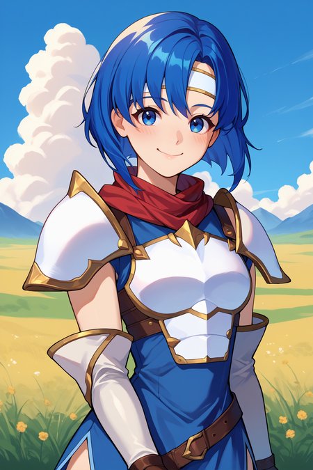 score_9, score_8_up, score_7_up, score_6_up, source_anime, 1girl, solo,  <lora:fecatria-pdxl-nvwls-v1-000006:1> dfCtra, blue hair, medium hair, blue eyes, white headband, white armor, sleeveless dress, blue dress, shoulder armor, red scarf, brown belt, long gloves, white gloves, blue thigh boots, looking at you, blue sky, mountains, field, clouds, upper body, portrait, smile, happy, closed mouth, blush