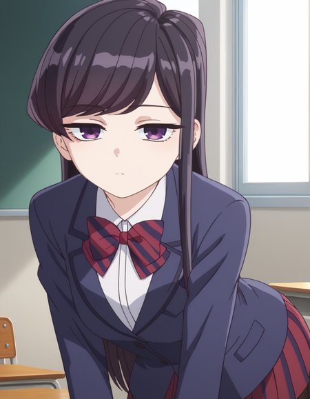score_9, score_8_up, score_7_up, source_anime,
shoukokomi, <lora:shouko-komi-s1s2-ponyxl-lora-nochekaiser:1>,
shouko komi, long hair, bangs, black hair, purple eyes, expressionless, half-closed eyes,
skirt, shirt, long sleeves, bow, school uniform, jacket, white shirt, pantyhose, pleated skirt, striped, collared shirt, bowtie, red skirt, blazer, blue jacket, striped bow, striped bowtie,
indoors, classroom, bent over,
looking at viewer, cowboy shot, dutch angle, solo,