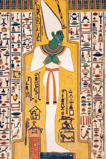 egyptian painting.
fresco, showcasing the hieroglyphic and symbolic art style typical of ancient Egyptian funerary art. The central figure is a mummified pharaoh with arms crossed over the chest. The pharaoh is dressed in a white linen shroud, with a golden sash and a blue-green face. <lora:egypt1_cap_d6a3:1.0><lora:829962693197878183:0>