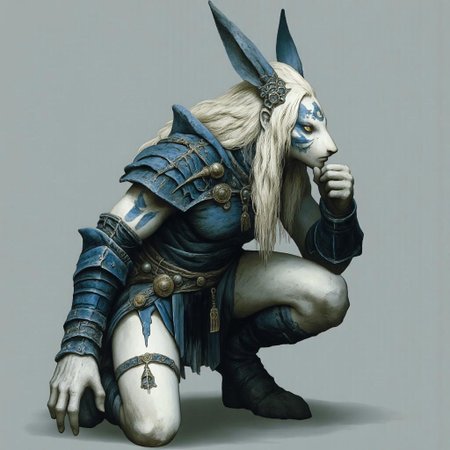 MikeFranchinastyle, Surreal art, d4artstyle, d4concept, , made of clay, aidmaMJ6.1, ZBClay model of a gray sculpture, Kentaro Miura, berserk style, ral-mold
a crouching anthropomorphic rabbit character with a blend of fantasy and warrior themes. This character has tall, expressive white rabbit ears and long, flowing platinum blonde hair that frames their intense golden eyes. They wear a dark, intricately detailed outfit with armor-like patterns, blending dark leather with silvery embellishments. Blue markings on their skin accentuate the character's fierce and mystical aura, while patches of darker fur on the cheeks give them a unique appearance.
The attire includes a fitted jacket with silver filigree on the sleeves and shoulders, paired with thigh-high white stockings and sturdy, clawed boots. The character's posture is contemplative, with one hand supporting their chin, enhancing their mysterious and introspective demeanor. The overall color palette features soft whites, deep grays, and metallic highlights, suggesting a character who is both graceful and powerful.
Background solid color with a faded dimly lit, black-covered darkness tone that emphasizes its silhouette. The medium is not a traditional painting or illustrative medium like watercolor or ink but rather a digital rendering, eerie and unsettling.