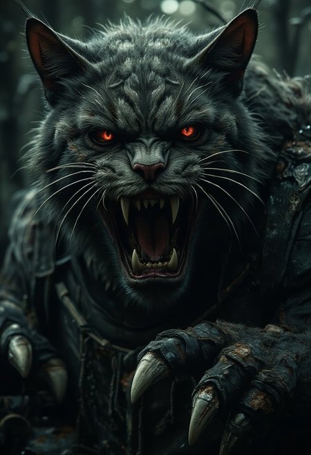 A giant cat monster with large claws and torn clothes, in a dark haunted forest, face coming close to the viewer with glowing red eyes. Teeth exposed with drool,horror show, monster, nightmare,  fear