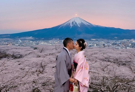 romkiss, 1boy, 1girl, couple, kimono, samurai clothes, Mt Fuji, cherry blossoms, sunset with glimpse of moon, best quality, high res