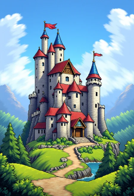 <lora:KFT_2d_Pixel_Style_FLUX-000017:1>
The image is a vibrant kftpxl pixel art illustration featuring    a medieval castle