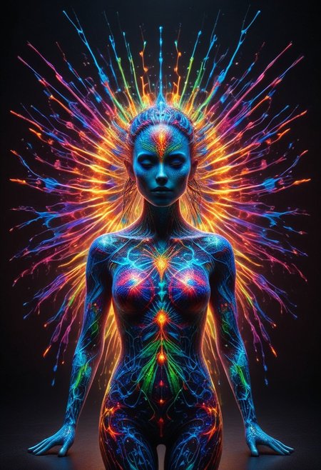 a full body fire entity with multicolored flames, professional photography of an fantastical warrior princess entirely made of cyberflies with whimsical elements, swirling magic, eerie fairytale landscape, elaborate fantasy style art, very colorful, intricate details, ultra sharp, exquisite detail, flawless composition, vivid colors, masterpiece, exciting background, TAS, TASvisuals, Psychedelic , Rave, Elaborate , Blacklight , Vibrant , cyberflies, black light paint, blp, Colorful Chaos Cracks and Drops, mad-glowtiedye, made out of,colorful,liquid,Murano Art Glass