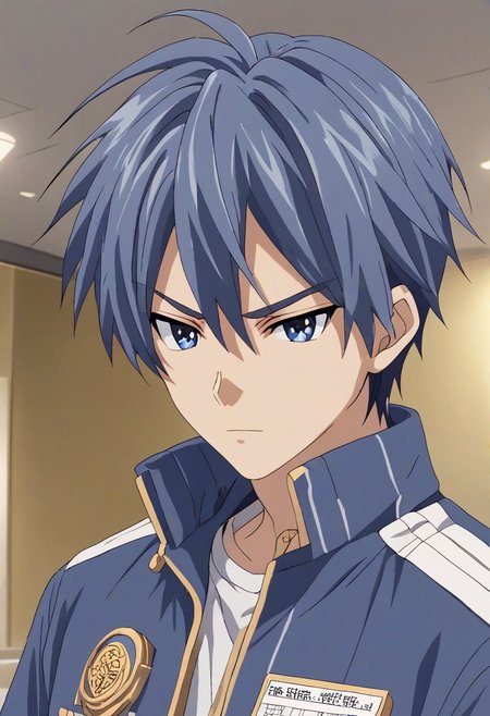 high resolution, solo, best quality, 1Boy, Tomoya Okazaki, Grey Blue Hair, brand ambassador, brochure design, OverallDetail