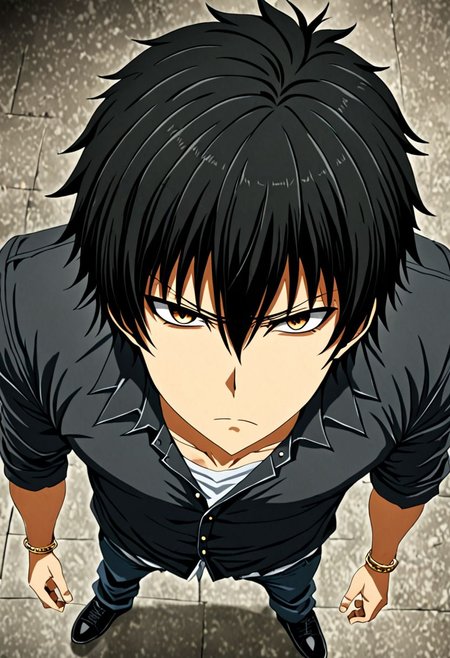 high resolution, solo, best quality, 1Boy, Seiya Kanie, black hair, short hair, thin, casual, seen from above, gangster, dominant, intimidate, OverallDetail